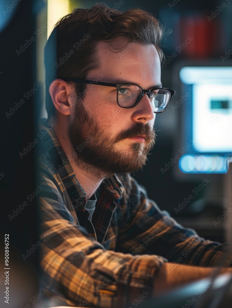 A person wearing glasses and a beard uses a computer, great for an office or study setting A person wearing glasses and a beard uses a computer, great for an office or study setting