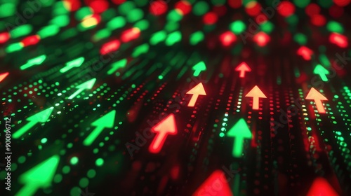 A stock ticker with green and red arrows, symbolizing market fluctuations and trading.
