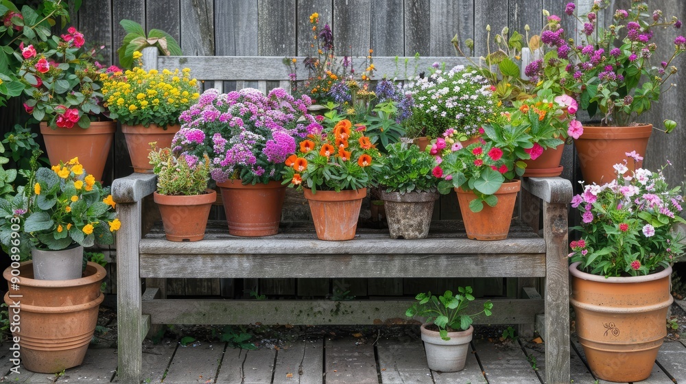 Fototapeta premium A variety of potted plants arranged neatly on a garden bench, with colorful blooms and green foliage creating a serene scene.