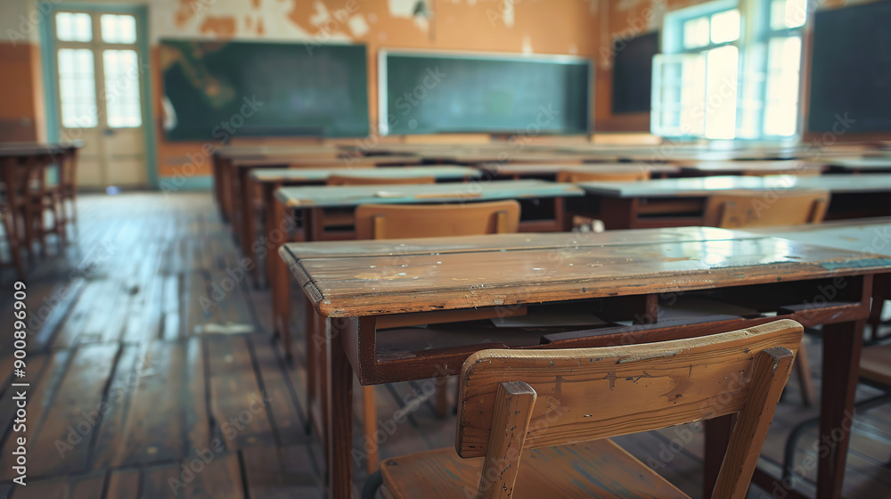 Empty wooden desks and chairs in an old school classroom Empty wooden desks and chairs in an old school classroom