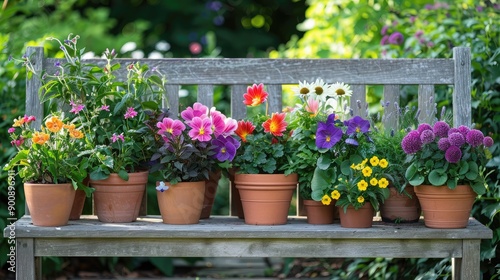 A variety of potted plants arranged neatly on a garden bench, with colorful blooms and green foliage creating a serene scene. © buraratn