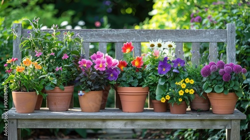 A variety of potted plants arranged neatly on a garden bench, with colorful blooms and green foliage creating a serene scene.