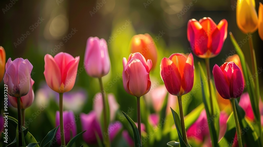 Fototapeta premium A vibrant display of tulips in a garden, with their colorful petals standing out against the green foliage.