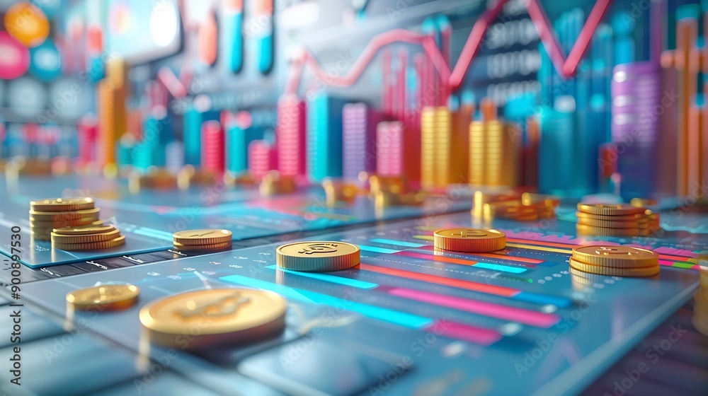 Gold coins on a blue surface with colorful charts and graphs in the background.