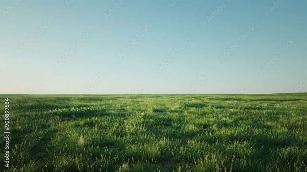 A wide expanse of green grass field under a clear blue sky, creating a peaceful and open landscape. A wide expanse of green grass field under a clear blue sky, creating a peaceful and open landscape.
