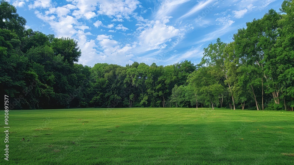 A wide grass field bordered by tall trees, creating a natural frame for the open space. A wide grass field bordered by tall trees, creating a natural frame for the open space.