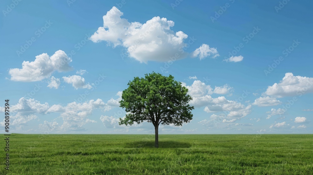Obraz premium A wide-angle view of a grass field with a single tree standing tall in the middle, symbolizing solitude.