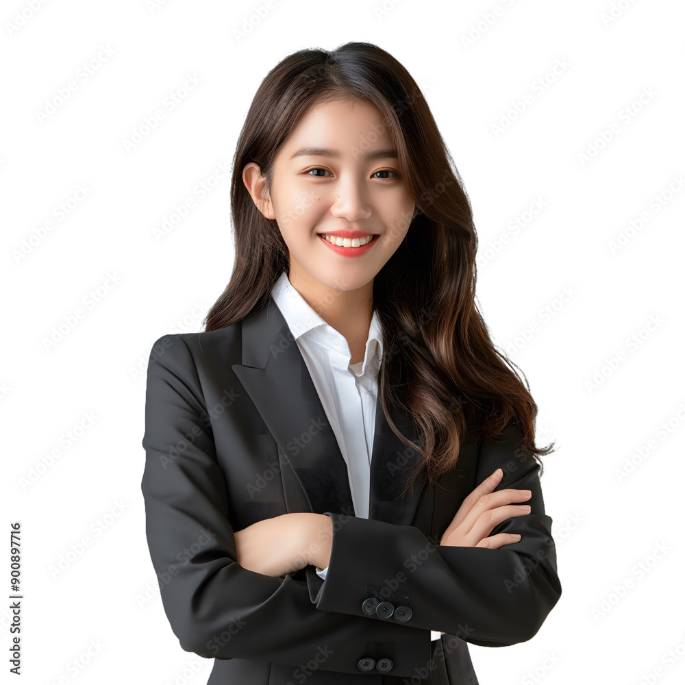 Asian business woman wearing suit, smiling, crossing arms Asian business woman wearing suit, smiling, crossing arms