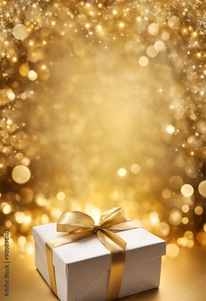 Caixa de Presente branca com fita dourada com fundo infinito iluminado. Caixa de Presente branca com fita dourada com fundo infinito iluminado.