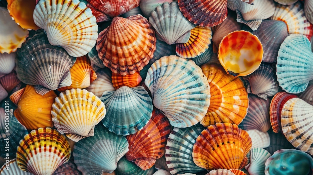 Colorful seashells in a big pile spread out, photographed from above - decorative pattern background Colorful seashells in a big pile spread out, photographed from above - decorative pattern background