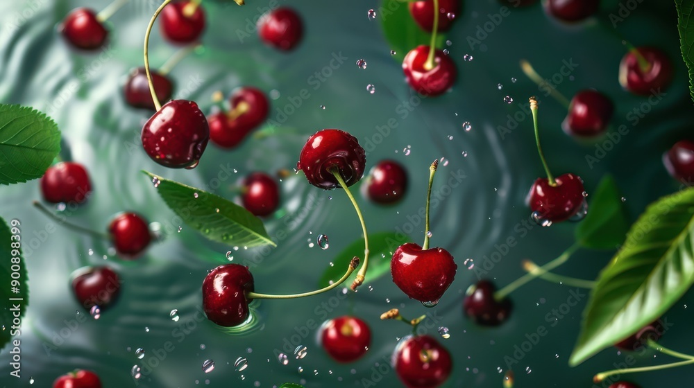 Juicy cherry halves floating with green leaves, emphasizing their sweet, fresh appeal and health benefits. Juicy cherry halves floating with green leaves, emphasizing their sweet, fresh appeal and health benefits.