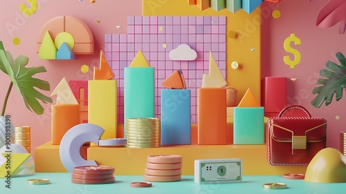 3D illustration of a colorful and abstract financial scene with geometric shapes, coins, and a briefcase. © Rusti_video & image
