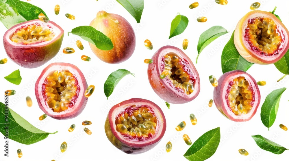 Refreshing passionfruit slices suspended in the air with green leaves, isolated on a transparent background, showcasing their vibrant, tropical flavor and health benefits. Refreshing passionfruit slices suspended in the air with green leaves, isolated on a transparent background, showcasing their vibrant, tropical flavor and health benefits.