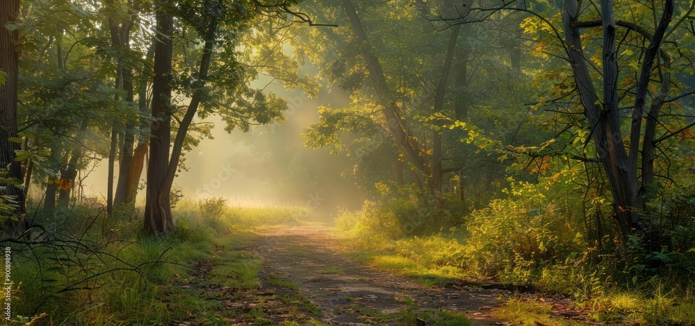 Obraz premium A ray of morning sunlight penetrates between the forest trees