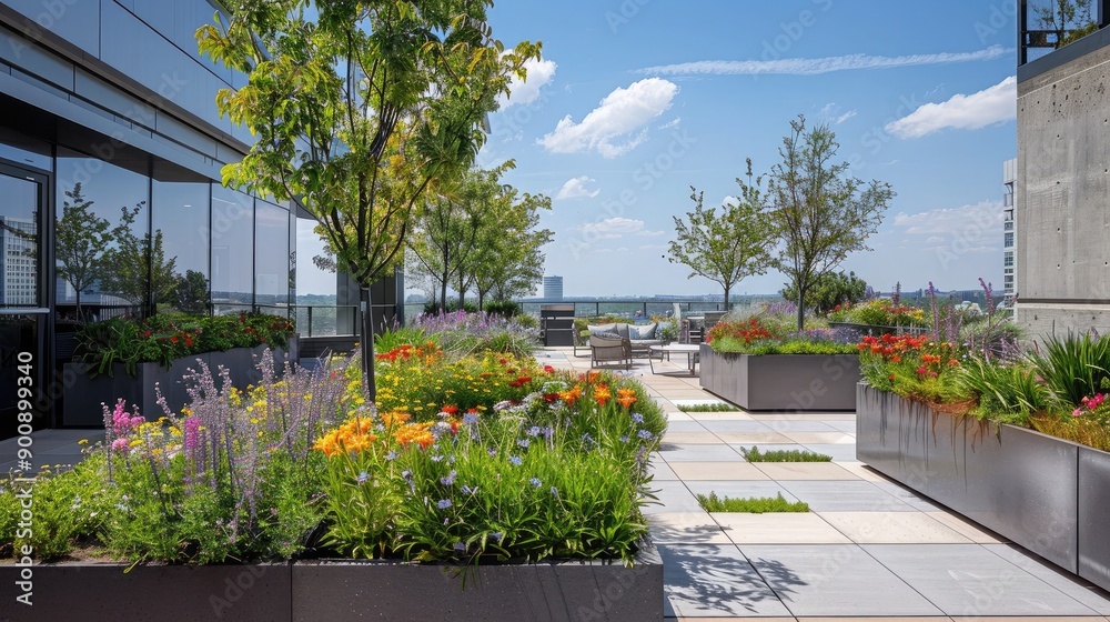 Obraz premium A beautifully landscaped office rooftop garden with a mix of flowers and greenery, providing a relaxing outdoor space for employees