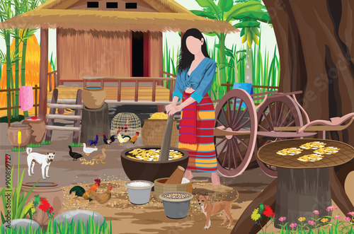 lovely woman pounded rice in front of straw hut at countryside vector design.