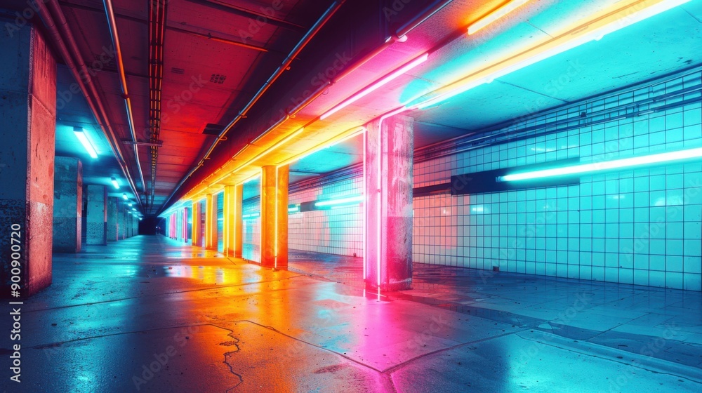 A wide-angle photo capturing a brutalist building from a low perspective, bathed in colorful neon lights and synthwave hues, highlighting the juxtaposition of cold concrete and vivid lighting A wide-angle photo capturing a brutalist building from a low perspective, bathed in colorful neon lights and synthwave hues, highlighting the juxtaposition of cold concrete and vivid lighting
