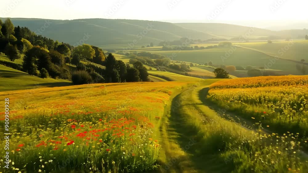 Scenic Countryside with Flower Fields and Hills with Ai generated. Scenic Countryside with Flower Fields and Hills with Ai generated.