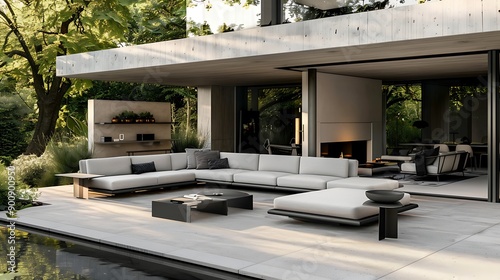 Modern Outdoor Patio Design with Sectional Sofa and Pool