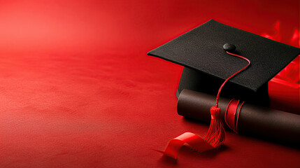 Black graduation cap and diploma on a red background