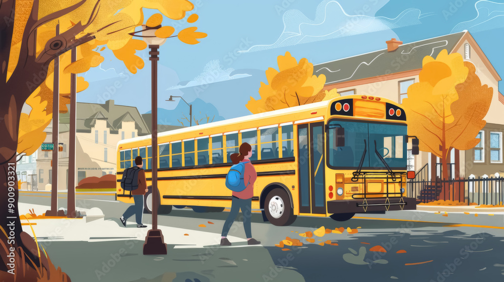 Obraz premium Students Boarding School Bus in Autumn