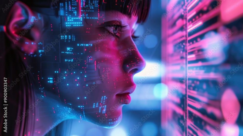 A modern woman sits in front of a computer screen, her face modified with futuristic features A modern woman sits in front of a computer screen, her face modified with futuristic features