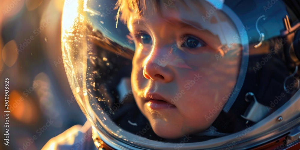 A young child dressed in a space suit and helmet, ready for adventure A young child dressed in a space suit and helmet, ready for adventure