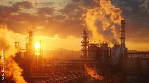 Industrial Factory at Sunset with Smokestacks and Silhouetted Structures Against a Vibrant Orange Sky