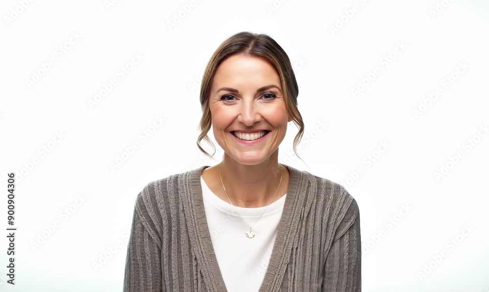 Medium shot portrait video of a grinning woman in her 30s that is wearing a chic cardigan against a white background Medium shot portrait video of a grinning woman in her 30s that is wearing a chic cardigan against a white background