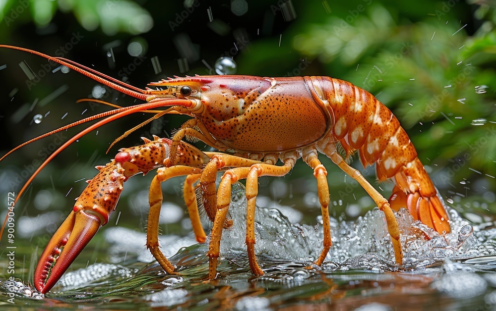 A photo of a red lobster emerging from a crashing wave A photo of a red lobster emerging from a crashing wave