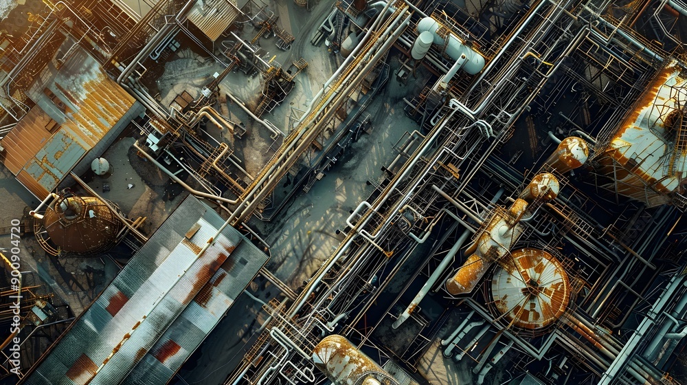Aerial View of Complex Industrial Facilities with Intricate Machinery and Structures Aerial View of Complex Industrial Facilities with Intricate Machinery and Structures