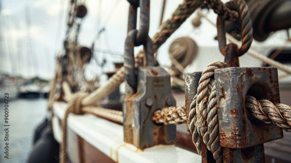Closeup of old metal block and rigging at the yacht Closeup of old metal block and rigging at the yacht