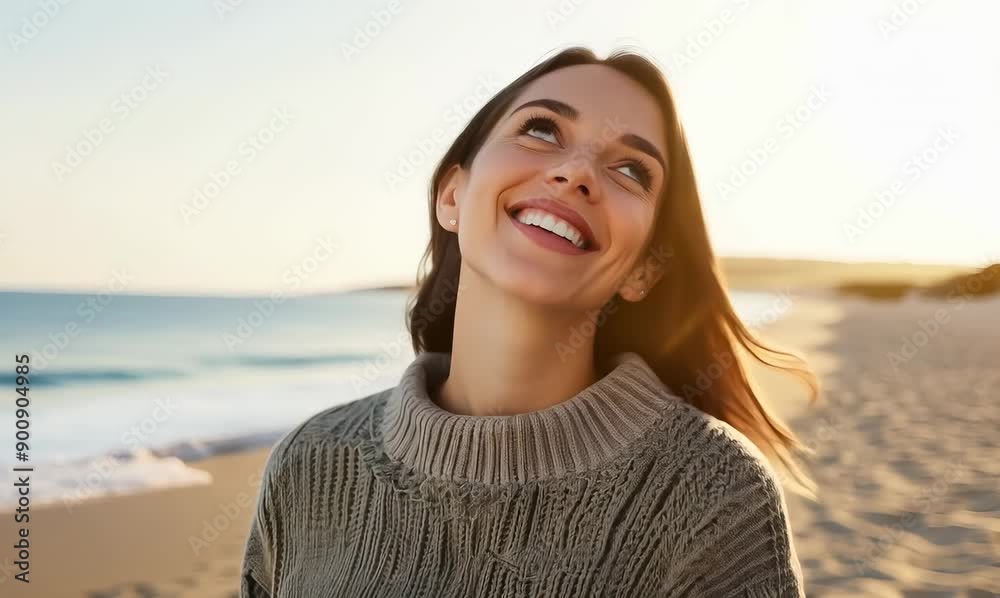 Medium shot portrait video of a pleased woman in her 20s wearing a cozy sweater against a beach background Medium shot portrait video of a pleased woman in her 20s wearing a cozy sweater against a beach background