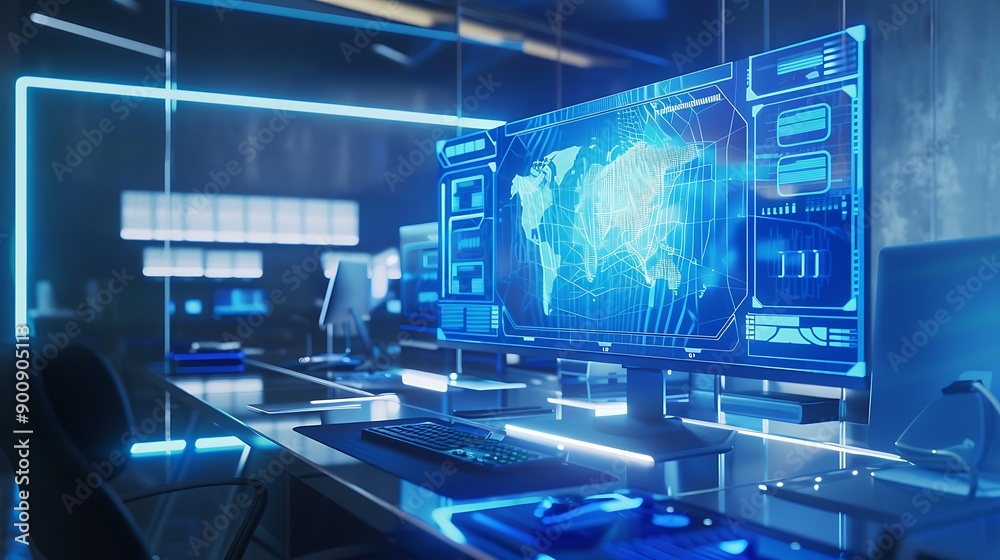 Modern Cybersecurity Office with World Map Interface Modern Cybersecurity Office with World Map Interface