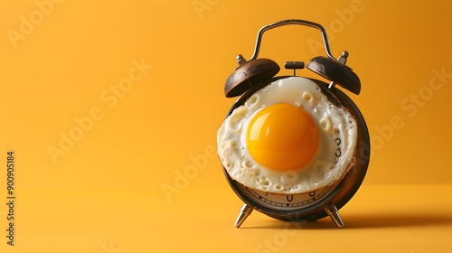 Fried egg sunny side on a vintage alarm clock on yellow background, surreal photo collage. Breakfast time concept.  photo