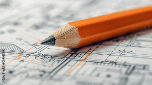 Close-up of an orange pencil on blueprints