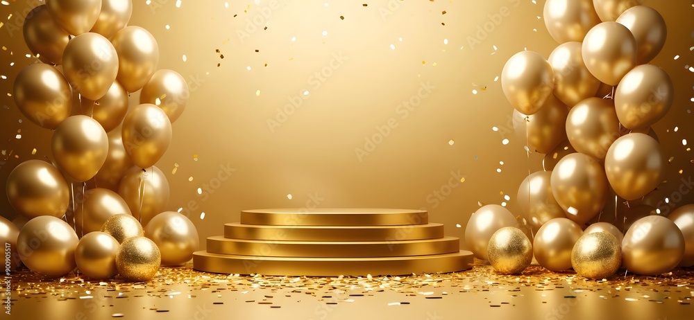 Podium birthday gold balloon and background, product golden stand ...