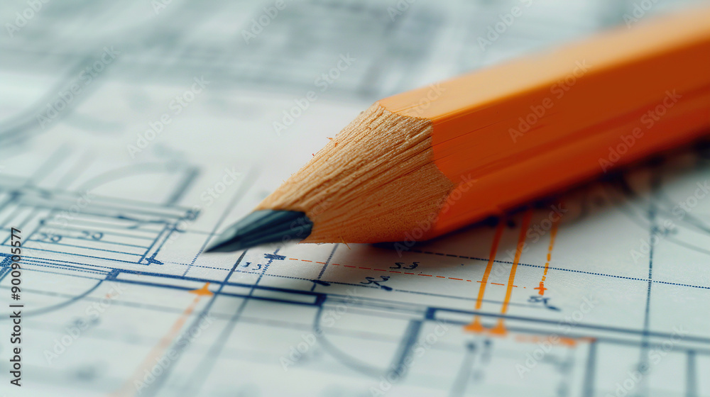 Close-up of an orange pencil on blueprints