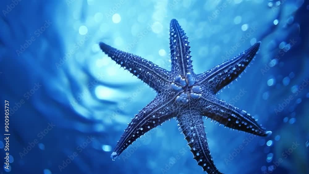 A close-up view of a starfish floating gracefully in the deep blue ocean. The light highlights its textured surface and unique design. The underwater scene exudes a calm and serene mood.
