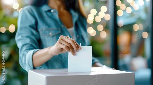 Person casting vote during an election, inserting ballot into box. Concept of democracy, voting rights, election participation, civic duty.