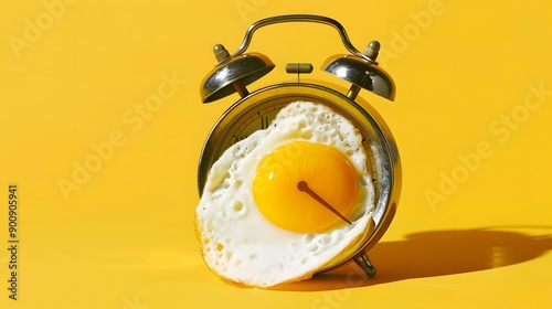 Fried egg sunny side on a vintage alarm clock on yellow background, surreal photo collage. Breakfast time concept.  photo