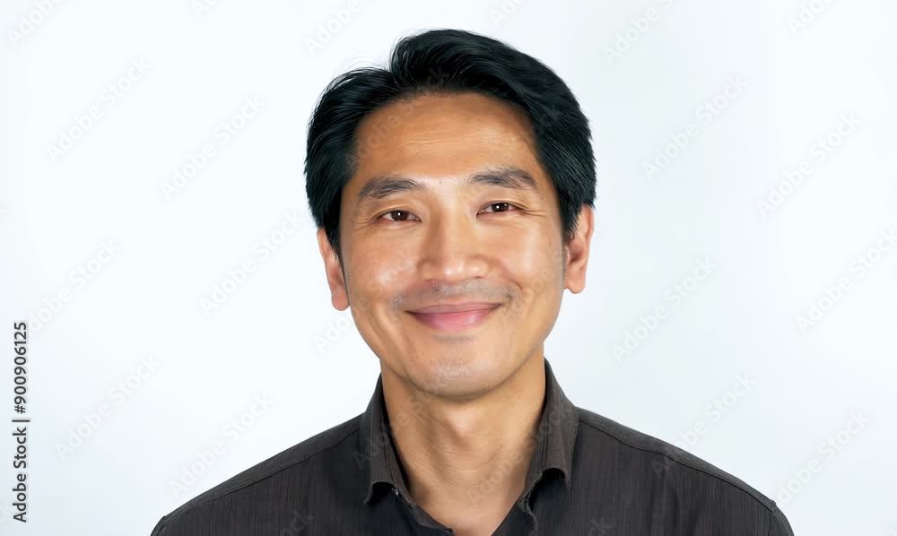 Medium shot portrait video of a Vietnamese man in his 30s against a white background Medium shot portrait video of a Vietnamese man in his 30s against a white background
