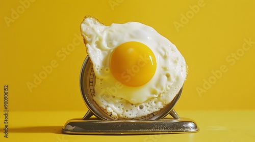 Fried egg sunny side on a vintage alarm clock on yellow background, surreal photo collage. Breakfast time concept.  photo