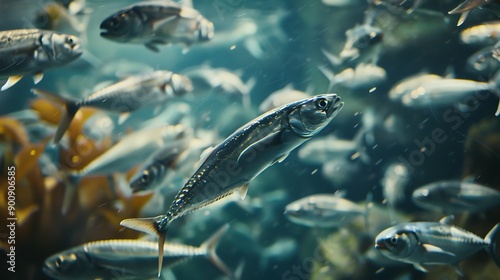 A School of Mackerel Swimming in a Deep Blue Tank