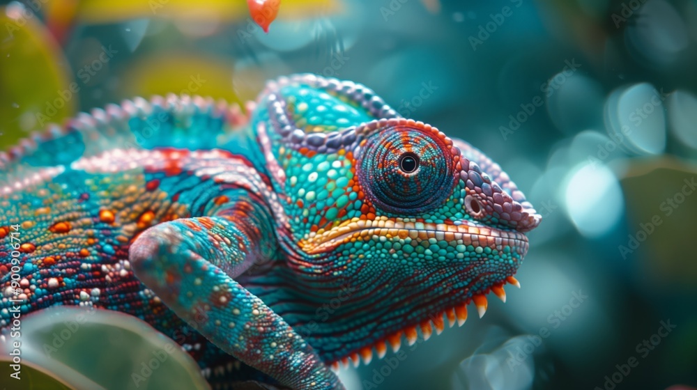 Obraz premium A macro photograph of a chameleon changing color. Vivid skin texture chameleon in tropical foliage.