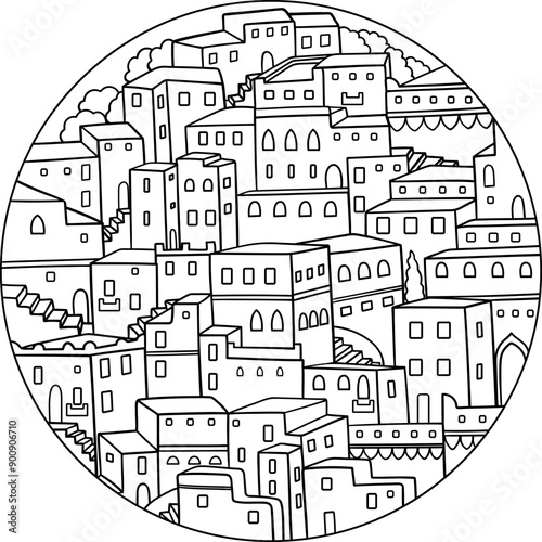 Moroccan city buildings maze coloring page