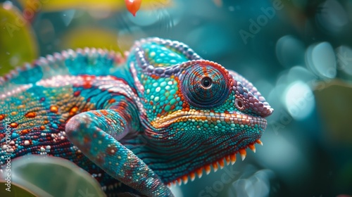 A macro photograph of a chameleon changing color. Vivid skin texture chameleon in tropical foliage. © Vagner Castro