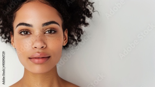 Beautiful young woman with curly hair and freckles closeup portrait for beauty and fashion concept