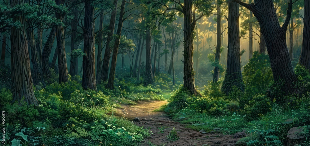 Fototapeta premium Dirt road in the middle of the forest with morning sunlight between the trees