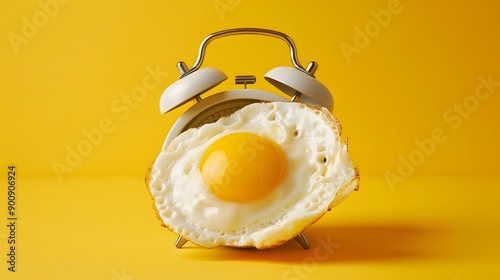 Fried egg sunny side on a vintage alarm clock on yellow background, surreal photo collage. Breakfast time concept.  photo